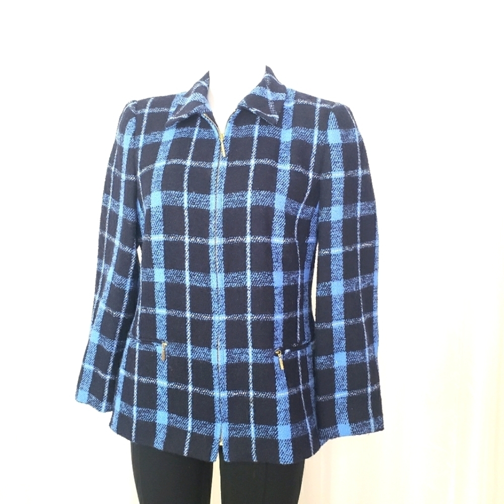 Basler blue plaid wool zip front jacket size FR 40/ medium